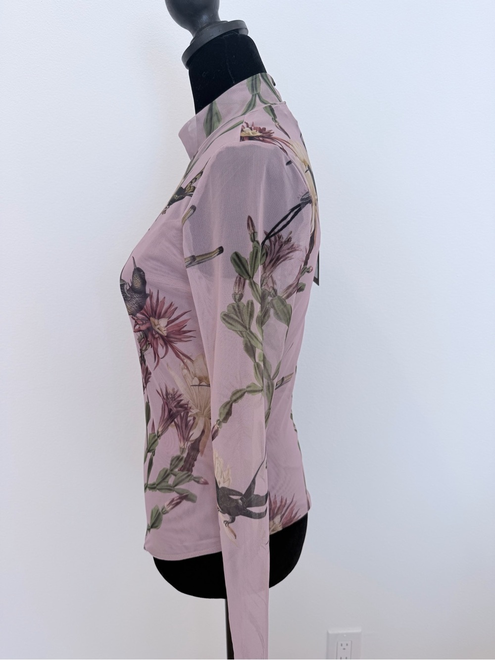 AllSaints Pink Sheer Floral & Bird Mock Neck Long Sleeve Bodysuit - Picture 11 of 14